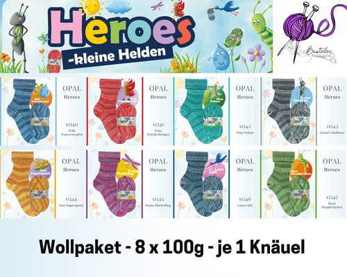 Das Foto zeigt das Wollpaket des Sockengarns Opal Heroes. Abgebildet sind Knäuel und Socken mit dem entsprechenden Farbverlauf.