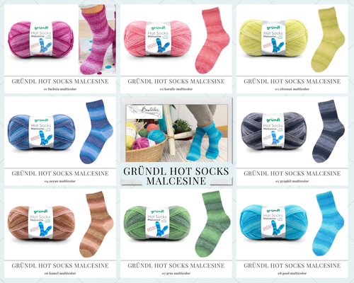 Das Bild zeigt die Farbkarte des Sockengarns Gründl Hot Socks Malcesine mit Wollknäuel und Socken