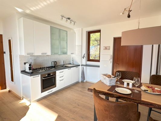 Appartement Innenaufnahme Casa di Giovanna mit Blick auf den Esstisch, Einbauküchenzeile und Eingang