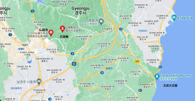 仏国寺・石窟庵、文武大王陵の位置関係（Googleマップ）