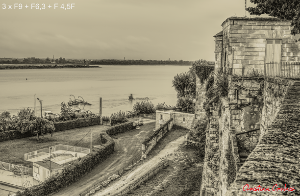 (Noir et blanc) Piscine municipale et rempart naturel du château de Bourg-sur-Gironde. Samedi 26 septembre 2020. Photographie HDR © Christian Coulais