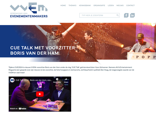 Op de website van de Vereniging van Evenementenmakers: het interview met VVEM-voorzitter Boris van der Ham over zijn nieuwe rol als voorzitter, de hete hangijzers in de branche, zichtbaarheid in politiek Den Haag, de toegevoegde waarde van de VVEM, etc.