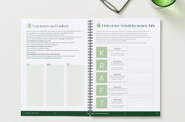 Beispielseite aus dem Workbook mit Reflexionsfragen zum achtsamen Jahresrückblick. Erste Schritte im neuen Jahr