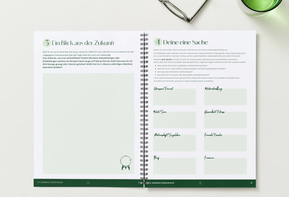 Beispielseite aus dem digitalen Jahresbegleiter mit Reflexionsfragen zum achtsamen Jahresrückblick. Blick in die Zukunft