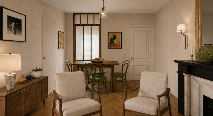 Salon agrandi dans un appartement de 56 m² à Clichy, avec couloir intégré, parquet, boiseries et ambiance inspirée de la Belle Époque.