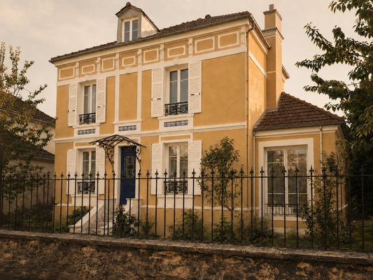 Façade rénovée avec extension, cheminée intégrée à l'architecture existante, encadrements soulignés et composition d’inspiration florentine dans le Val-d’Oise.