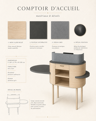 Planche de présentation d’un comptoir d’accueil sur mesure avec échantillons de bois clair, finition anthracite, panneau gris et dessin du meuble.