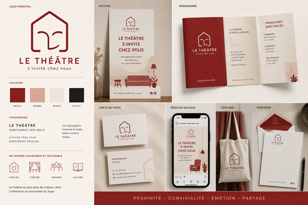 Planche d’identité visuelle de l’association « Le Théâtre s’invite chez vous », présentant un logo rouge composé d’un masque de théâtre stylisé intégré à une maison, ainsi que ses déclinaisons graphiques.