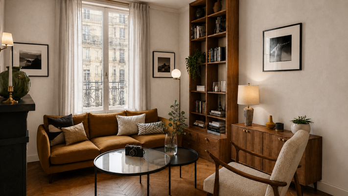 Salon rénové à Clichy avec une bibliothèque toute hauteur et un buffet bas en chêne huilé, installés côte à côte contre le mur.