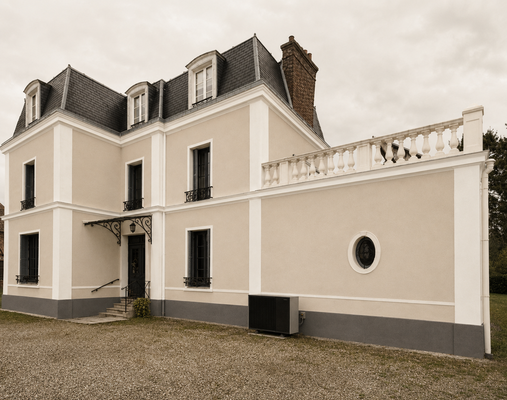 Façade restaurée d’une maison de maître à toiture à la Mansart dans l’Oise.