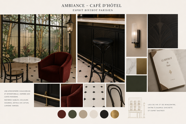 Moodboard d’identité visuelle et d’aménagement pour le café d’un hôtel à Gennevilliers, réunissant un vitrail coloré, un carrelage graphique, du mobilier en bois sombre et un fauteuil rouge.
