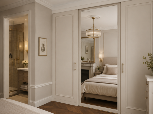 Suite parentale après rénovation, avec salle d’eau et dressing intégrés aux lignes classiques, dans un appartement familial de 89 m² à Paris 18e.