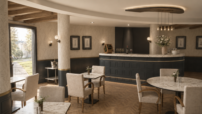 Vue 3D d’un restaurant en rotonde dans le Val-d’Oise, avec comptoir courbe bleu, marbre et décor inspiré des cafés parisiens historiques.