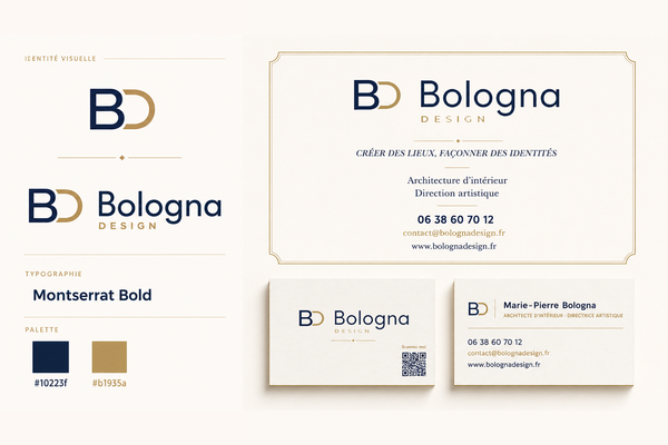 Planche d’identité visuelle de Bologna Design présentant le monogramme, le nom de l’agence et plusieurs déclinaisons graphiques dans une palette bleu nuit et or.