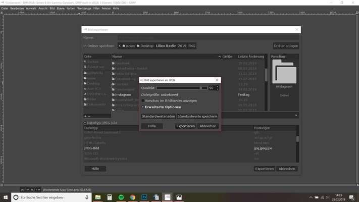 24. Name, Speicherort, Dateiformat (JPEG) und wieder ohne weitere Klicks exportieren