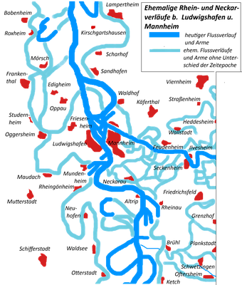 ehemalige Flussverläufe von Rhein und Neckar bei Ludwigshafen und Mannheim (bearb. Abb. aus Chronik von Oggersheim, Grünstadt 1983
