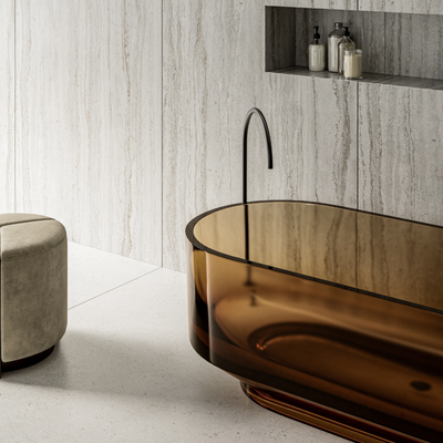 Bathroom wall clad in grey Dekton sintered stone
