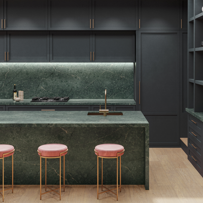 Green kitchen island fabricated from Silestone Jardine Emerald quarz
