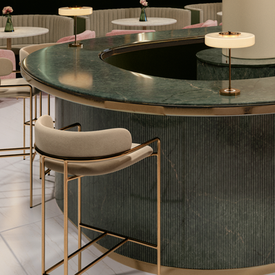 Restaurant bar fabricated from green Silestone Jardine Emerald quartz