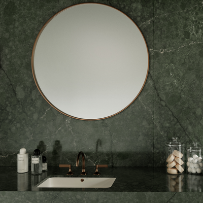 Green vanity with white integrated sink from Silestone quartz