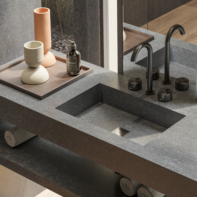 Grey vanity with integrated sink from Silestone quartz
