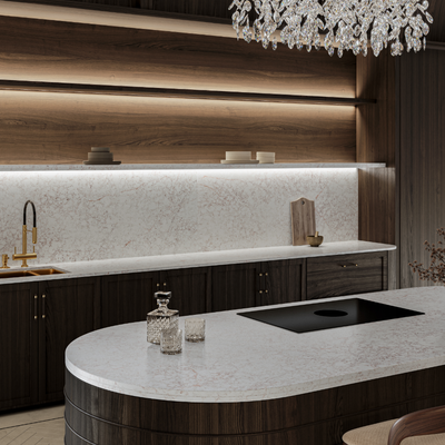 Ovali virtuvės sala iš Silestone Riviere Rose kvarcinio akmens