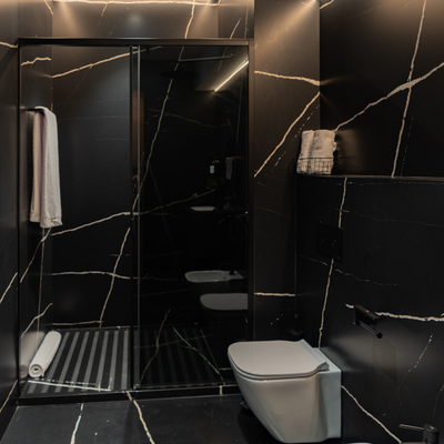 Bathroom walls covered in black Silestone quartz