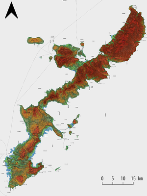 沖縄本島の地形（国土地理院10mDEM使用）[測量法に基づく国土地理院長承認（使用）R 3JHs 578]