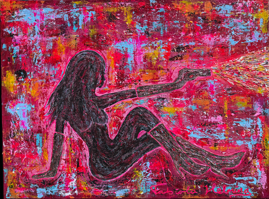 pink shooting girl power woman schieten schietsport schilderij met relief 80 x 60 cm sSaints & Sinners schilderij met reliëf 80 x 60 cm shooting pistool gun schieten schietsport pink roze 