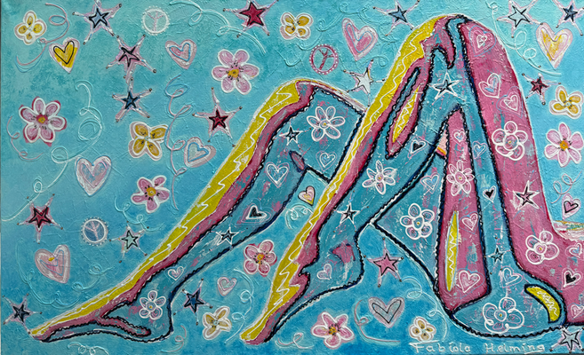 Legs vrolijk schilderij ibiza stijl style woman vrouw Ibiza stijl style happy summer benen body nude blauw aqua roze bloemen hart heart flowers star ster peace 