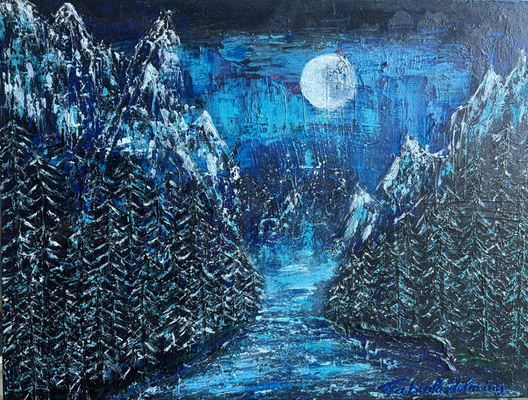 bergen mountains blue snow moon white blauw wit schilderij met reliëf Landscape mountains sneeuw snow water beek  