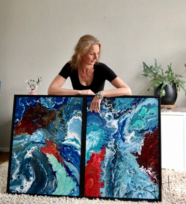 Pouring Art 2 luik Schilderij OCEAN VIEUW 2 x 60 x 80 cm fluid art acryl gieten