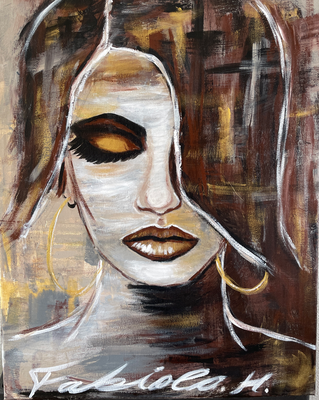 painting schilderij 40 x 50 cm vrouw gezicht portret face portrait brown gold lips 