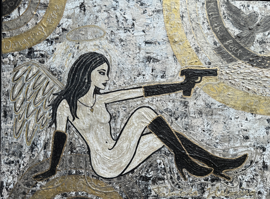 Saints & Sinners schilderij met relief 80 x 60 cm shooting angel gun 