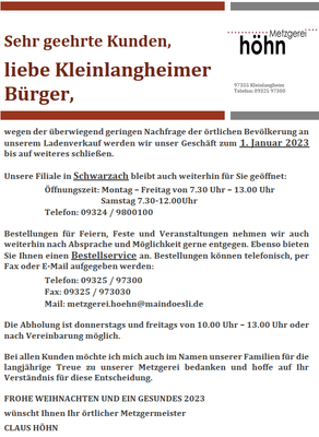 Schließung regulärer Ladenbetrieb Kleinlangheim