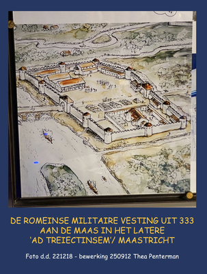 221218 ThP - Maastricht - Derlon Museumkelder - De Romeinse militaire vesting uit 333 langs de Maas. Het Noorden ligt aan de onderkant van de tekening.