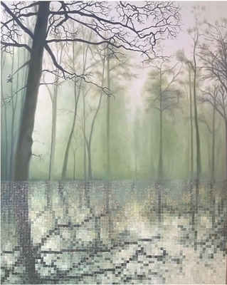 Forêt au bord d'un lac (105x85cm) Huile et acrylique sur toile