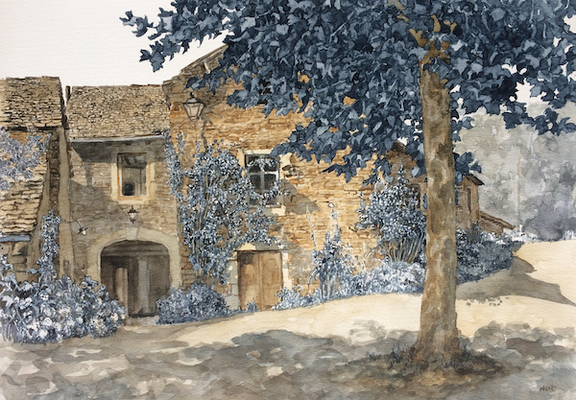 Place des Platanes  Albugue   aquarel   28x39   2019