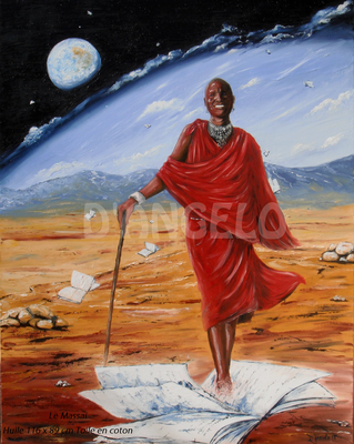 "Le Massaï" Huile toile en coton 116 x 89 cm