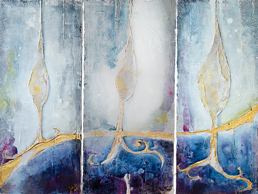 0119018  "Toskana blau 3-teilig":  Acryl auf Holz mit Blattgold 30 x 70 cm 