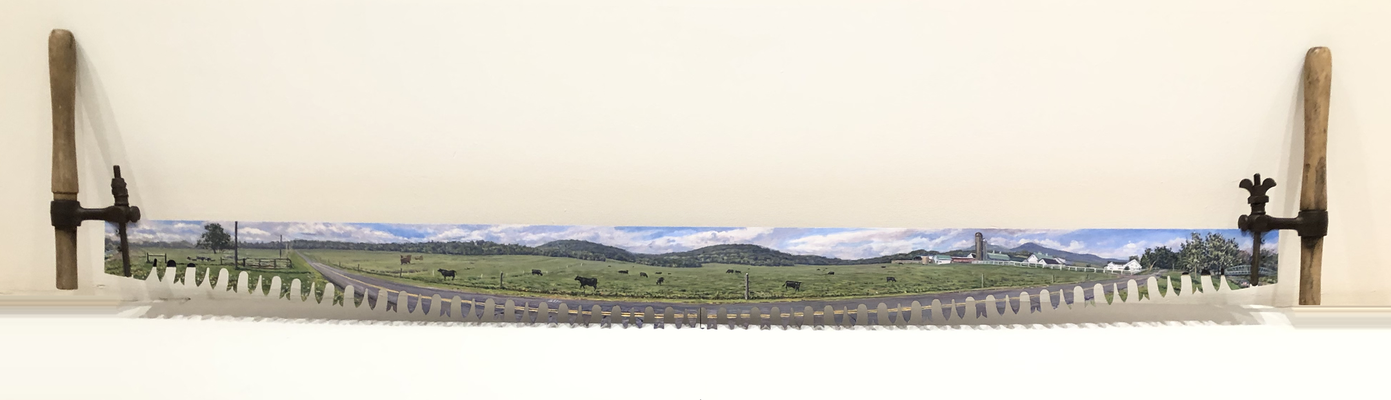 Two Person Saw JJF Farm , oil on steel, 72" wide 2014