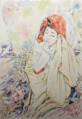 153：『仁愛』西川流「惚れて通う」・牡丹の景（18×26㎝）
