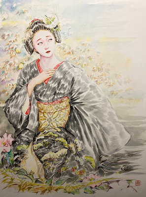 144：『詩心』若柳流「黒髪」宮川町・山茶花の景（23×31㎝）