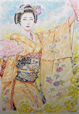 117：『陽華』京舞井上流「花笠」祇園甲部・菜の花の景（18×26㎝）