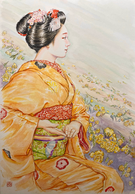75：若柳流「祇園小唄」山吹の景（18×26㎝）