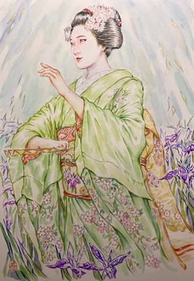 83：京舞井上流「春雨」祇園甲部・杜若の景（18×26㎝）