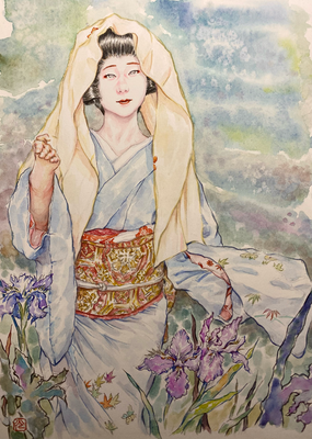 107：『風薫る』若柳流「宇治茶」宮川町・一初の景（18×26㎝）