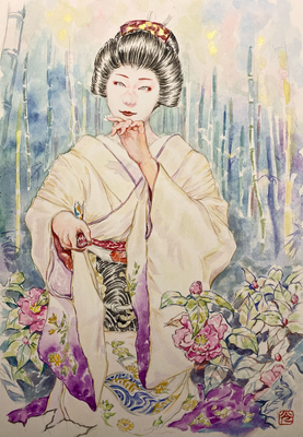 133：『魁春』若柳流「御所のお庭」宮川町・山茶花の景（18×26㎝）