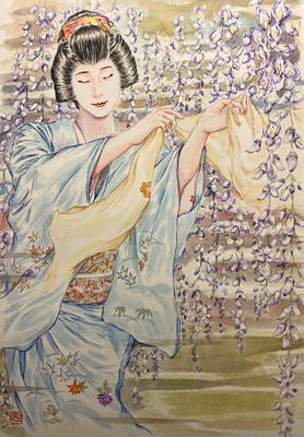 96：『霞百花』若柳流「宇治茶」宮川町・雪月花三連作「花」（18×26㎝）