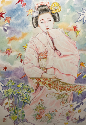 110：『移りゆく』花柳流「紅葉の橋」上七軒・秋明菊の景（18×26㎝）